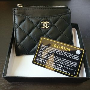 Black Leather Quilted Card Case Coin Wallet Zipper